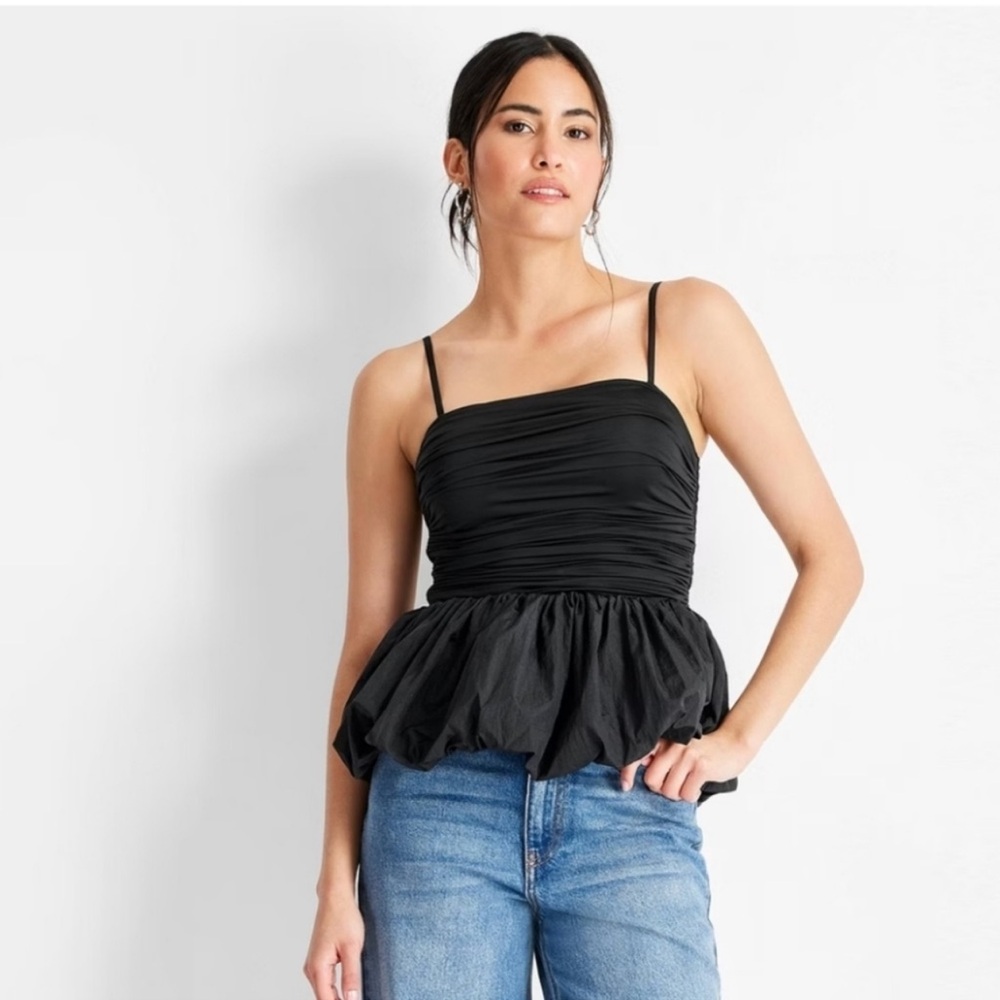 The future collective NWT black ruched bubble hem tank top blouse